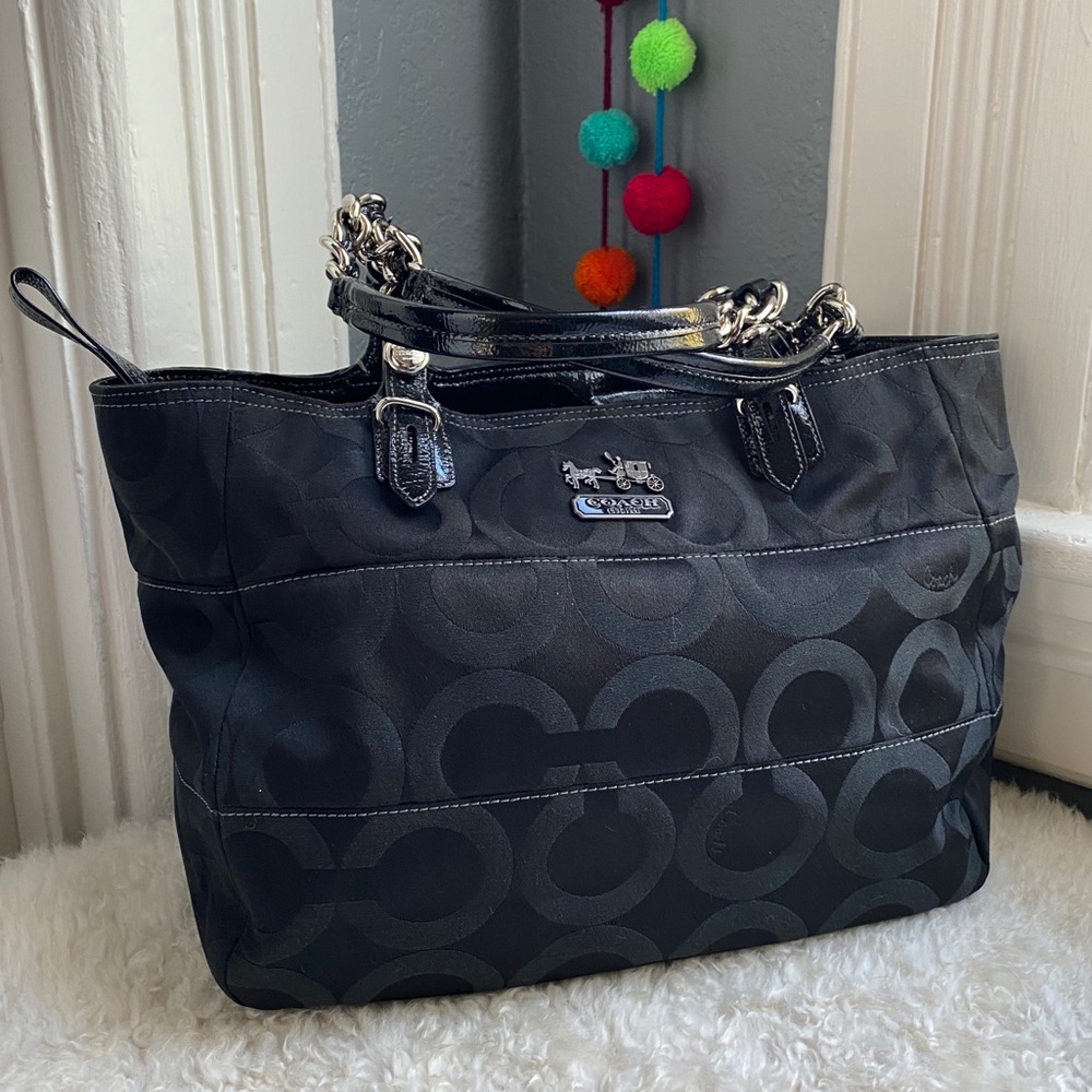 Coach Black Tribeca Madison Op Art Purse Tote Bag - Picture 1 of 8